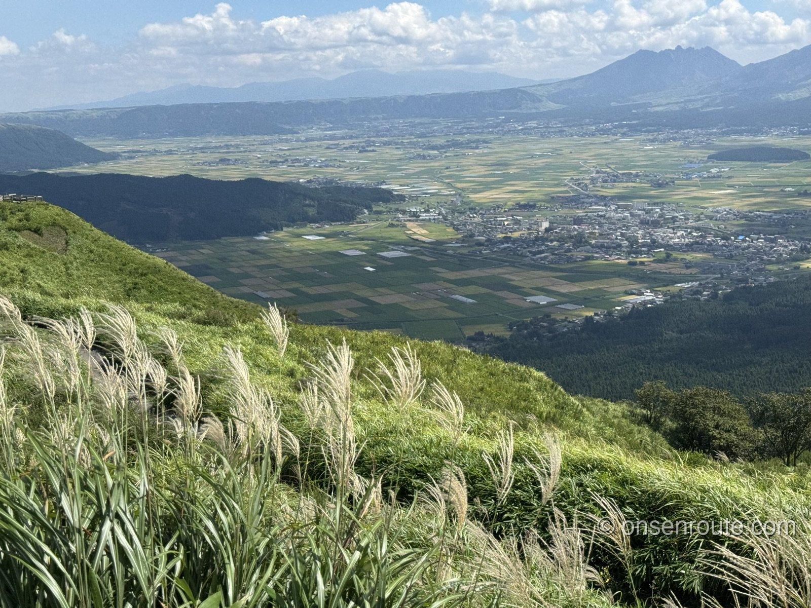 大観峰から見た阿蘇谷と阿蘇五岳 手前にすすきの穂が揺れる