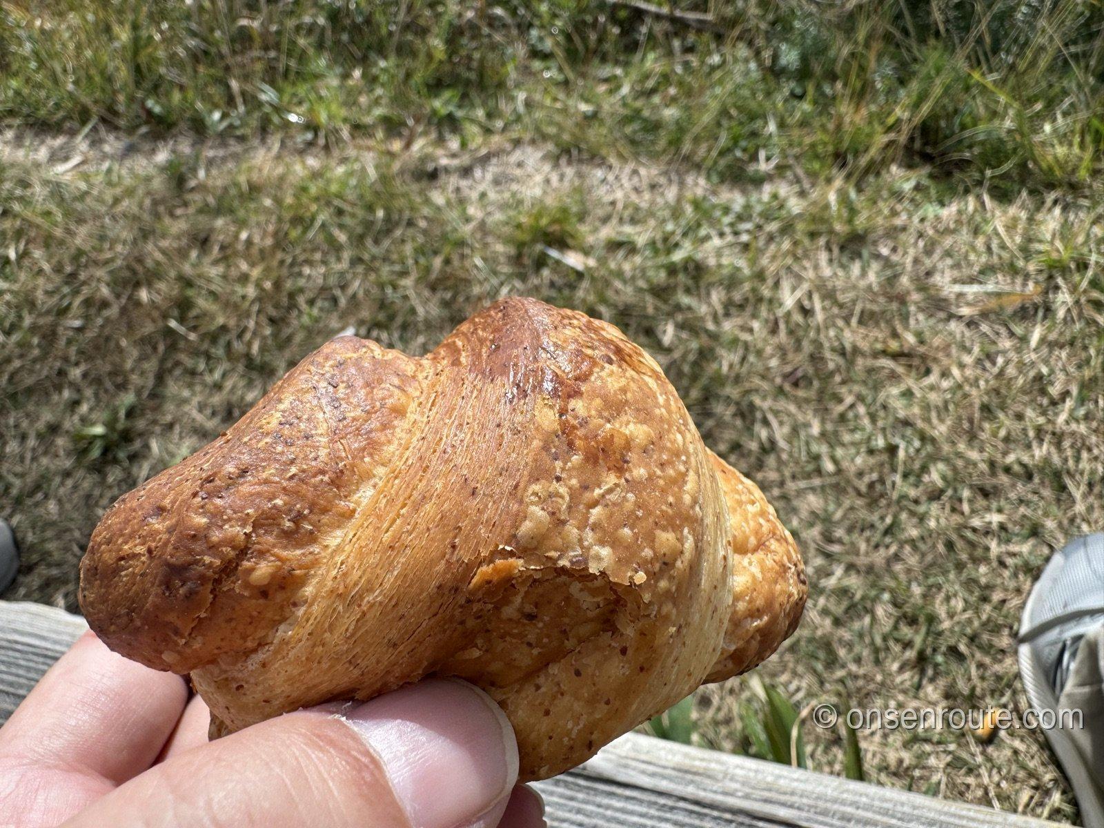 大観峰の草原で手に持ったそらいろのたねのパン